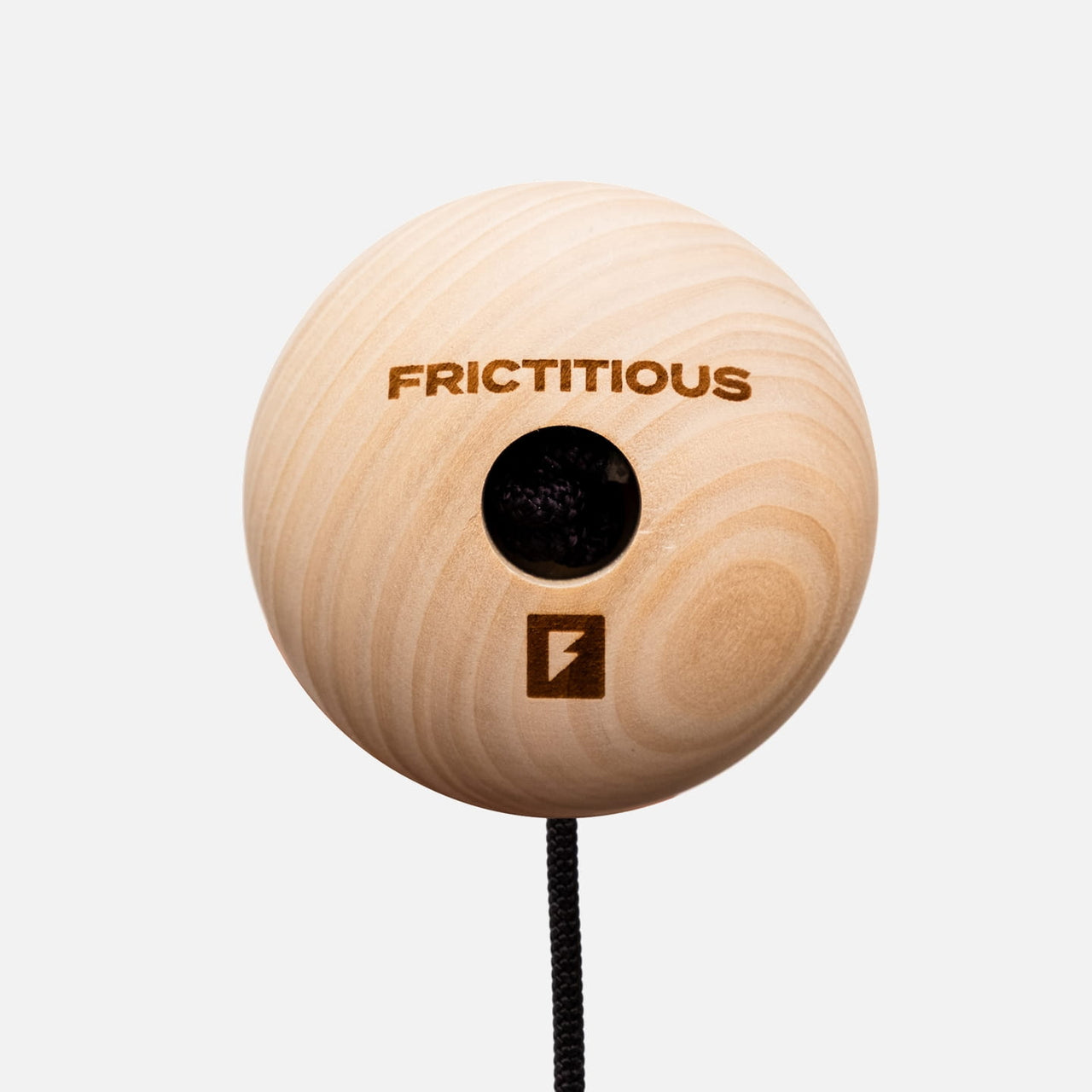 Top of the wood Talon Ball, laser-engraved with the Frictitious name and logo, cord through the center