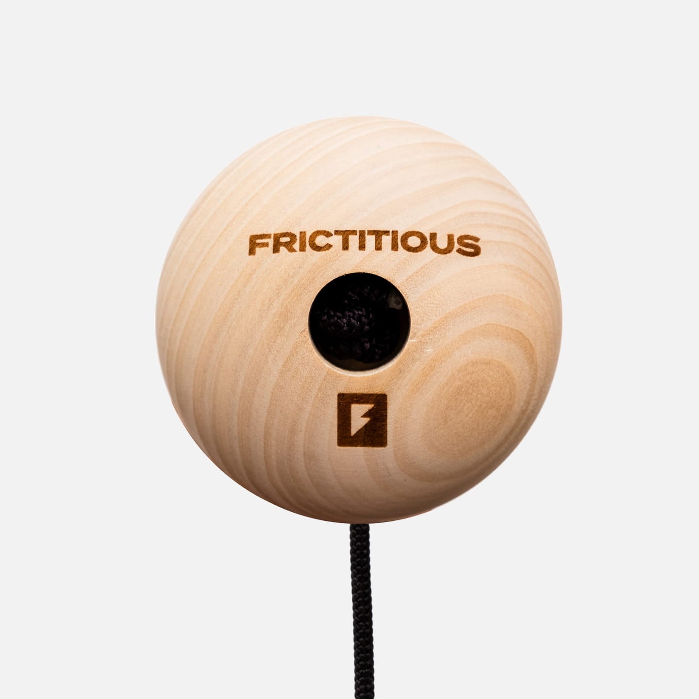 Top of the wood Talon Ball, laser-engraved with the Frictitious name and logo, cord through the center