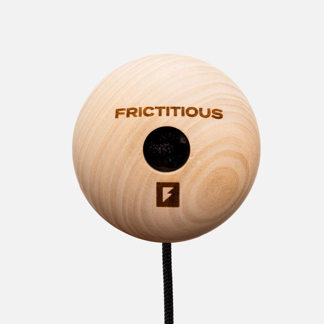 Top of the wood Talon Ball, laser-engraved with the Frictitious name and logo, cord through the center