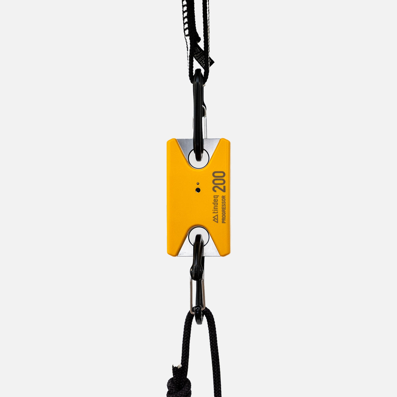 Tindeq with cord, carabiner, and sling attached.