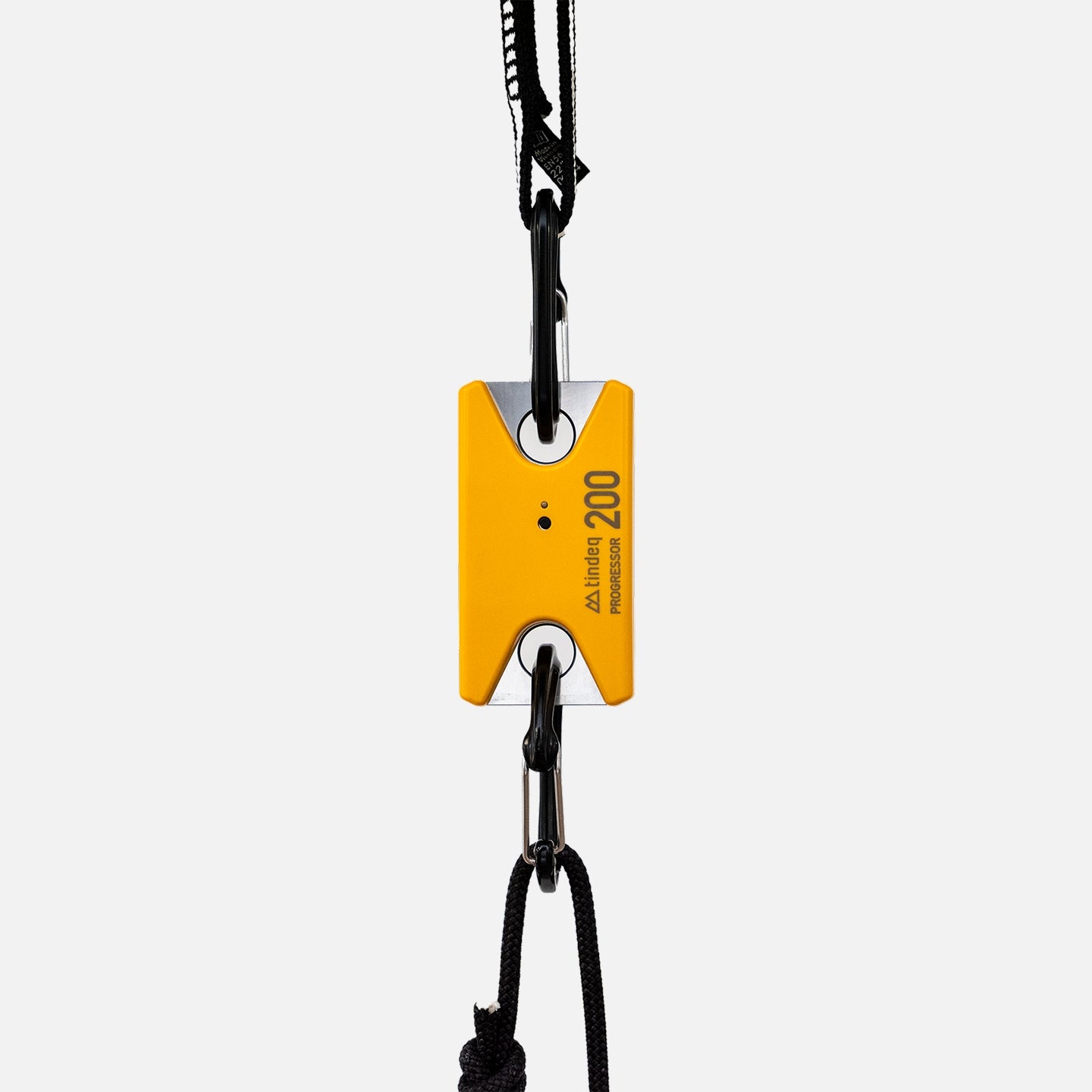 Tindeq with cord, carabiner, and sling attached.